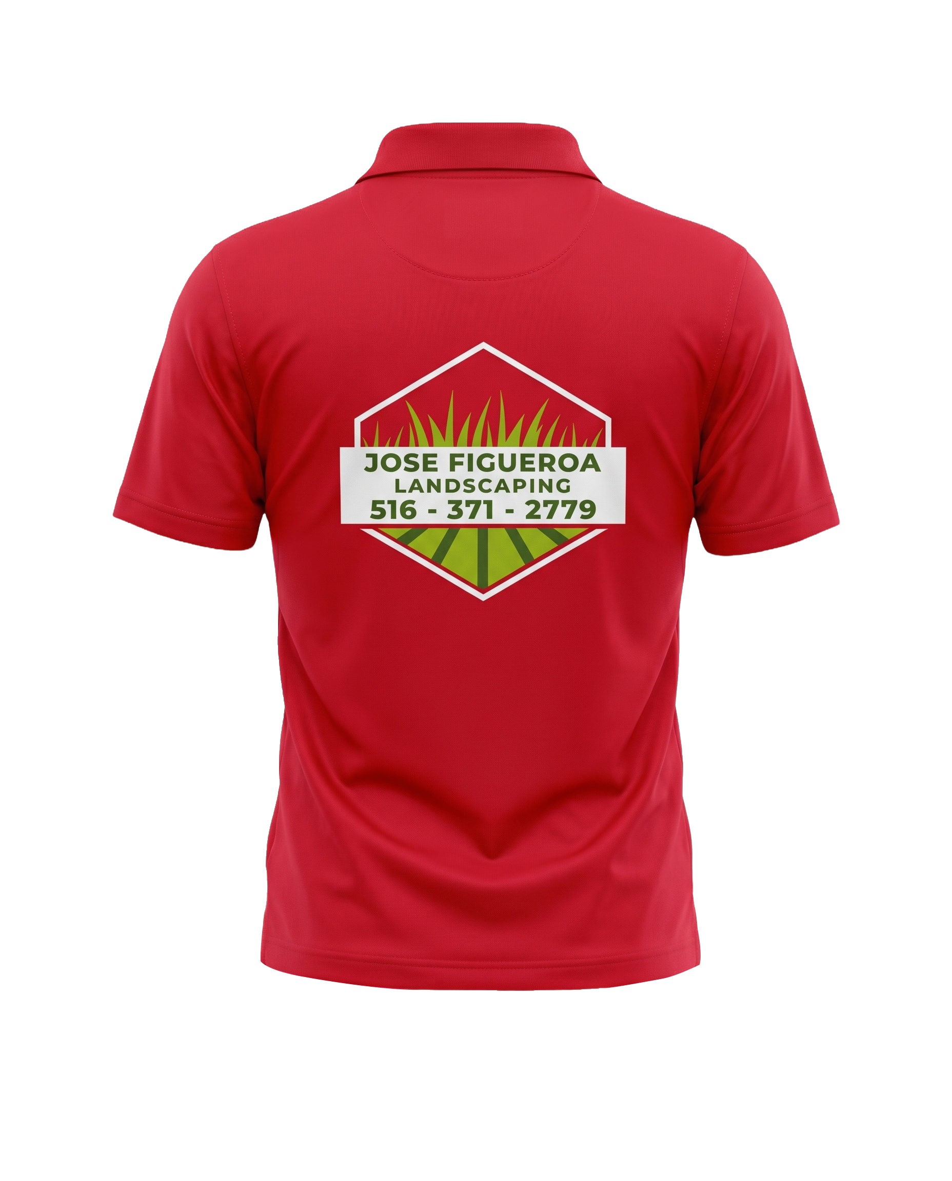 Polo rojo con logotipo grande de empresa de jardinería impreso en la espalda