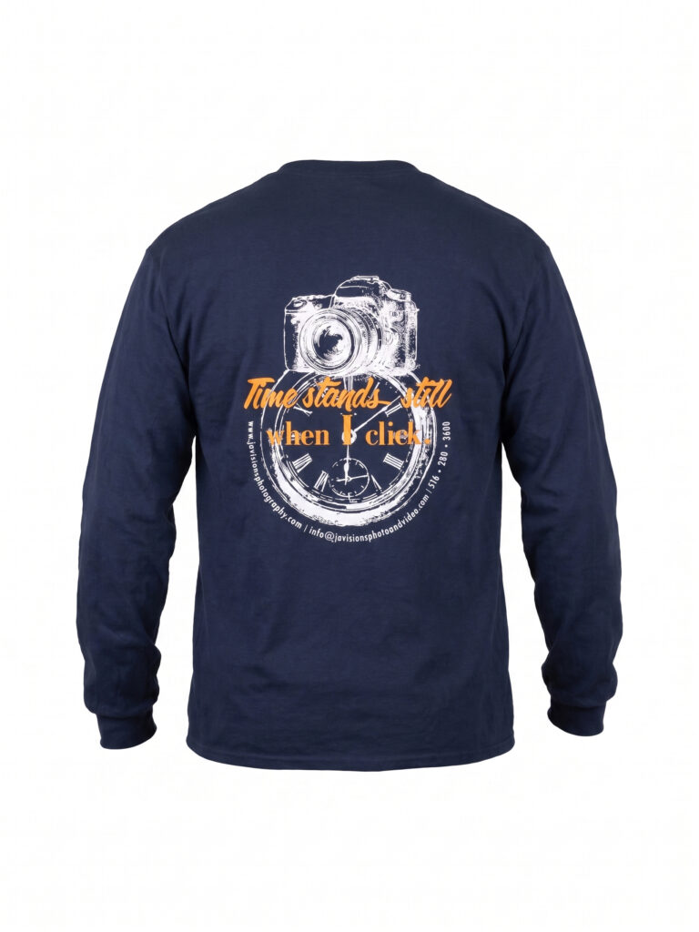Long-sleeve shirt with large custom back print by Tinta Industries, Garden City NY