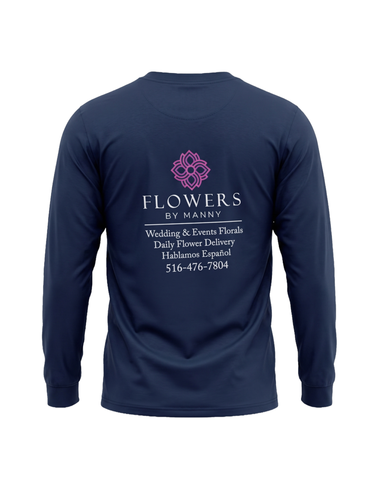 Camisa de trabajo de manga larga con logotipo y datos de contacto impresos en la espalda