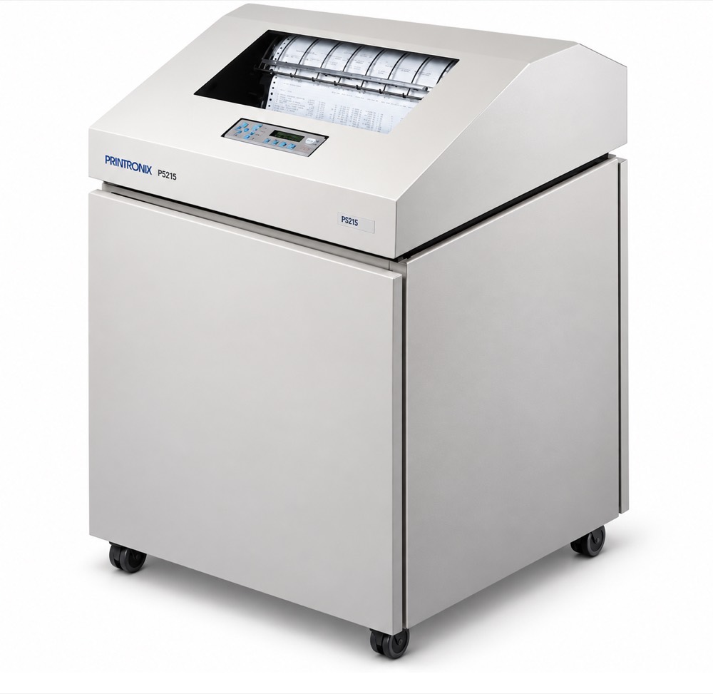 Printronix P5215 line matrix printer in a quiet cabinet printing continuous forms