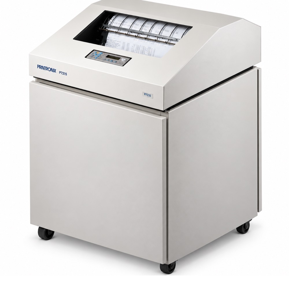 Printronix P7215 line matrix printer in a quiet cabinet printing continuous forms