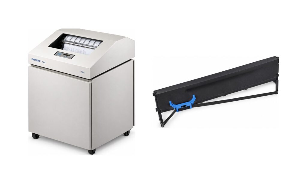 Printronix P7215 line matrix printer beside a Printronix large-spool security ribbon